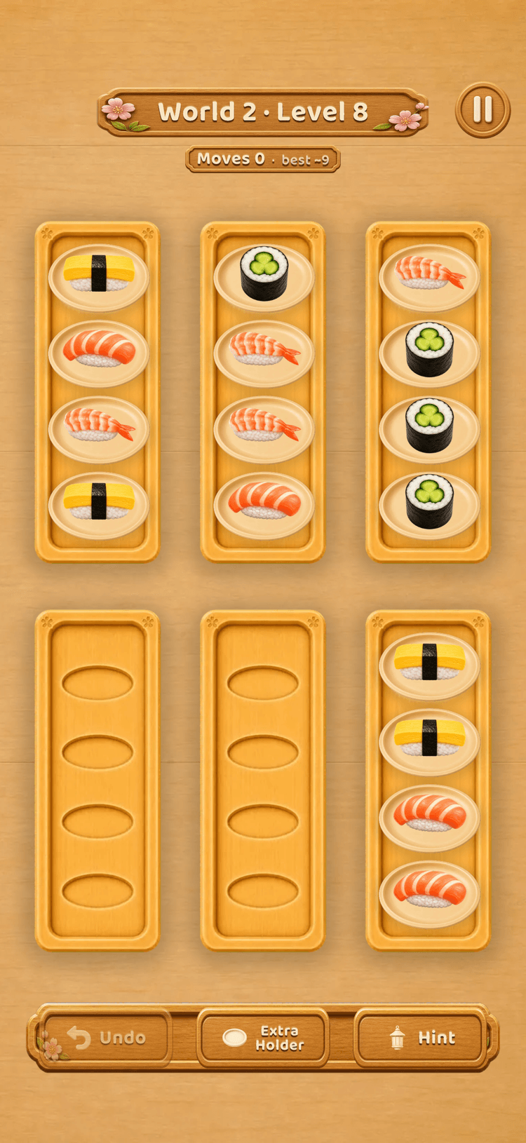 A Sushi Sort puzzle board: sushi plates being sorted across six wooden serving lanes