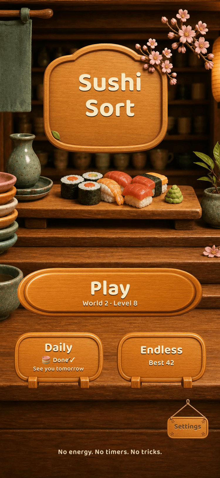 Sushi Sort home screen: a wooden sushi counter with Play, Daily, and Endless buttons under cherry blossoms