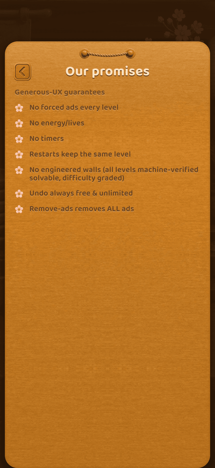 The promises screen listing Sushi Sort's honest-game promises