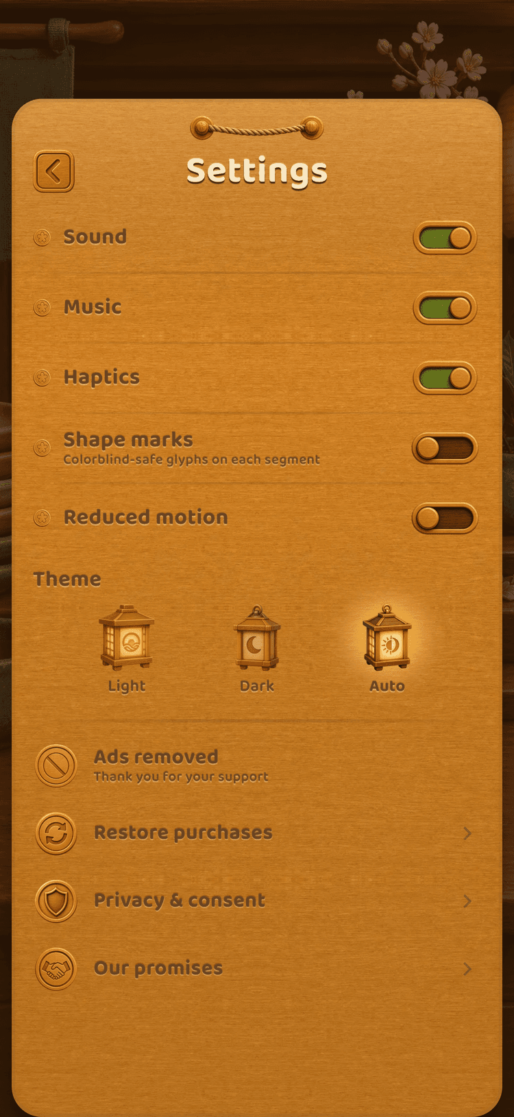 Settings screen with sound, haptics, and privacy controls on warm wood
