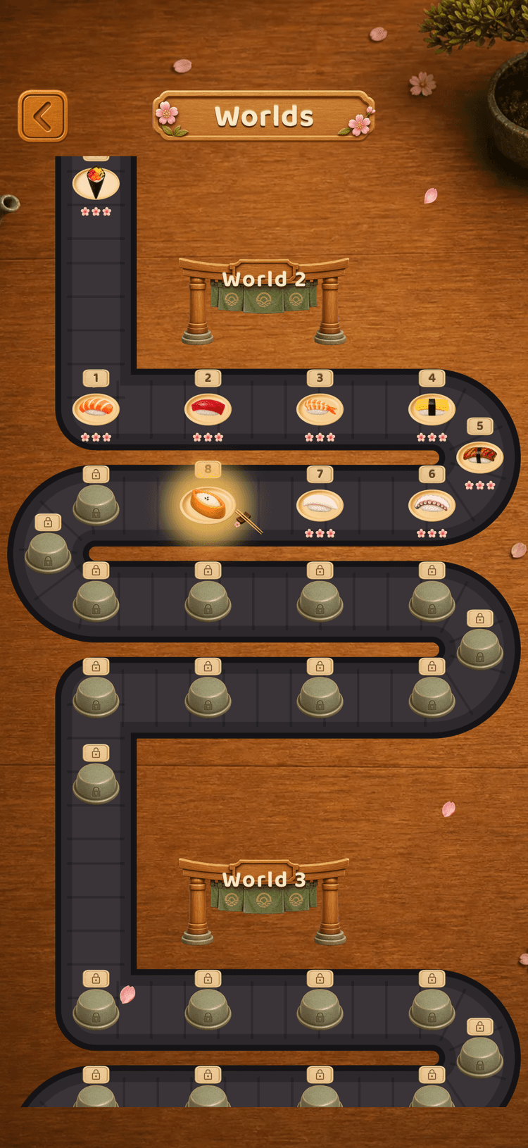 The Worlds map: a winding conveyor path of levels passing torii gates for World 2 and World 3